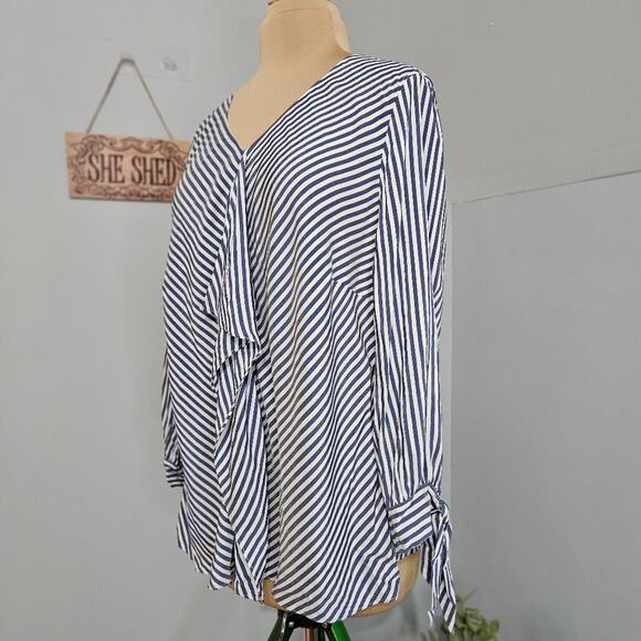 Chico's Top Womens XLP Striped Ruffle Front Tie Sleeve Blouse Career Corpcore - Picture 7 of 16